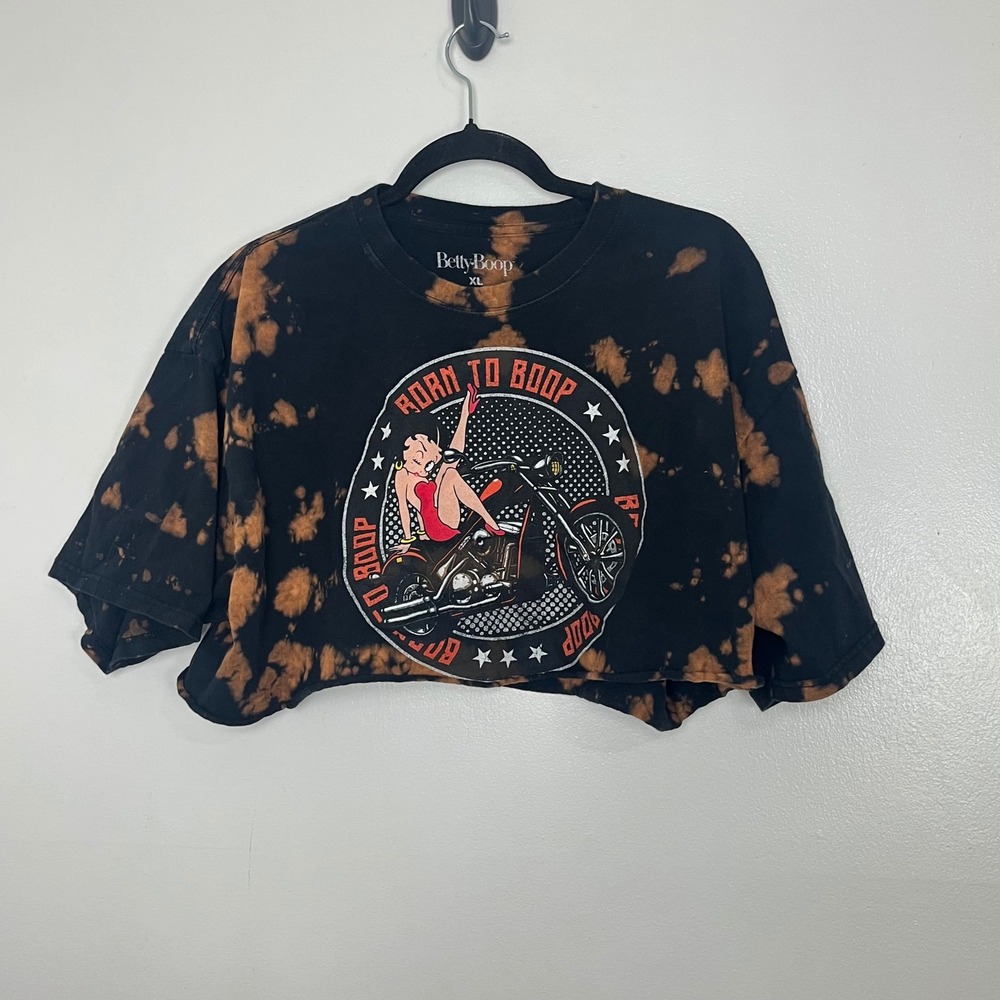 Betty Boop Motorcycle Born to Boop Cropped T Shirt XL Black Bleached Graphic Tee